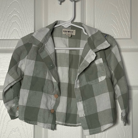 Toddler Rabbit & Bear 100% Organic Cotton Olive Green & White Flannel Button Up - Picture 1 of 5